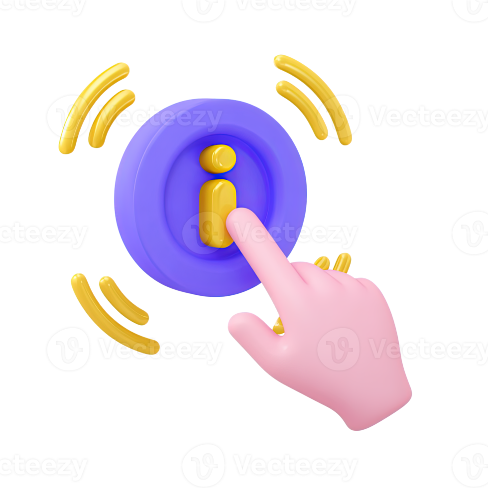 Hand touching information i button with action waves a 3D rendered icon for interactive help tapping for details or activating info png