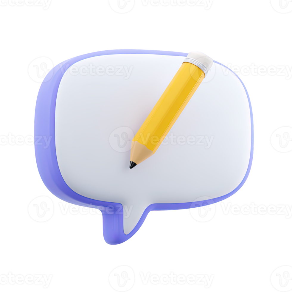 Pencil in speech bubble for message composition 3D rendered icon for writing feedback note taking or communication text input element png