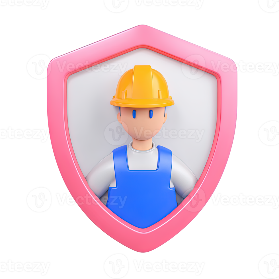 3D construction worker in overalls and hard hat, featured on a pink-bordered shield. For worker safety and site security. Isolated rendered graphic for PPE awareness. png