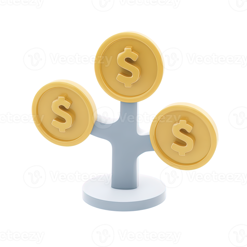 3D money tree with gold dollar coins as fruit, representing financial growth, investment, and wealth. Isolated rendered graphic for savings and prosperity concepts. png