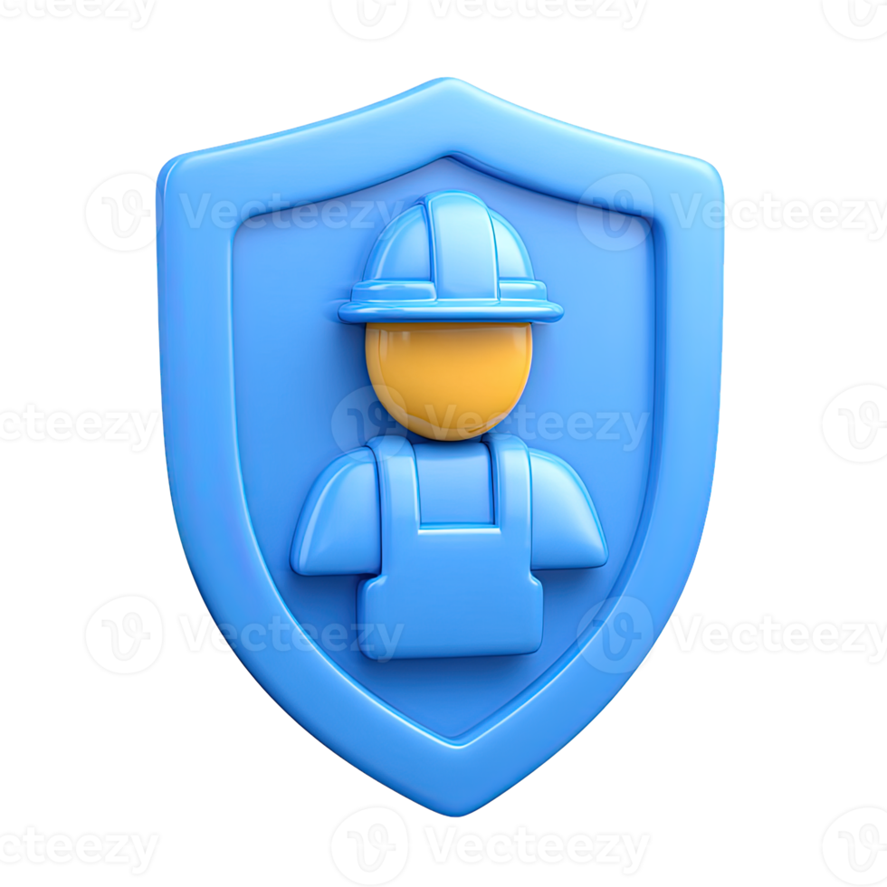 3D construction worker in blue overalls and hard hat, displayed on a blue shield. Symbolizing worker safety and job site protection. Isolated rendered graphic for PPE concepts. png