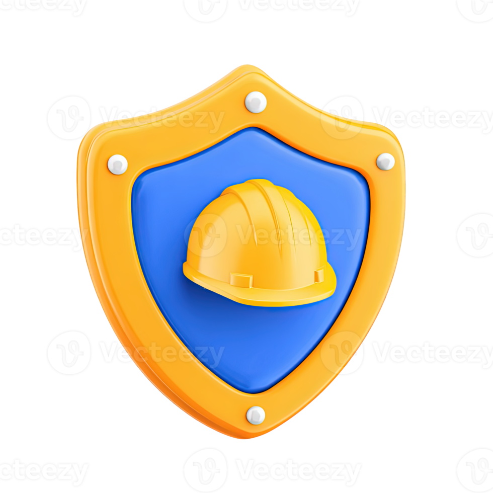 3D shield with a yellow construction hard hat, representing head protection and worker safety. Isolated rendered graphic for site security and safety equipment concepts. png