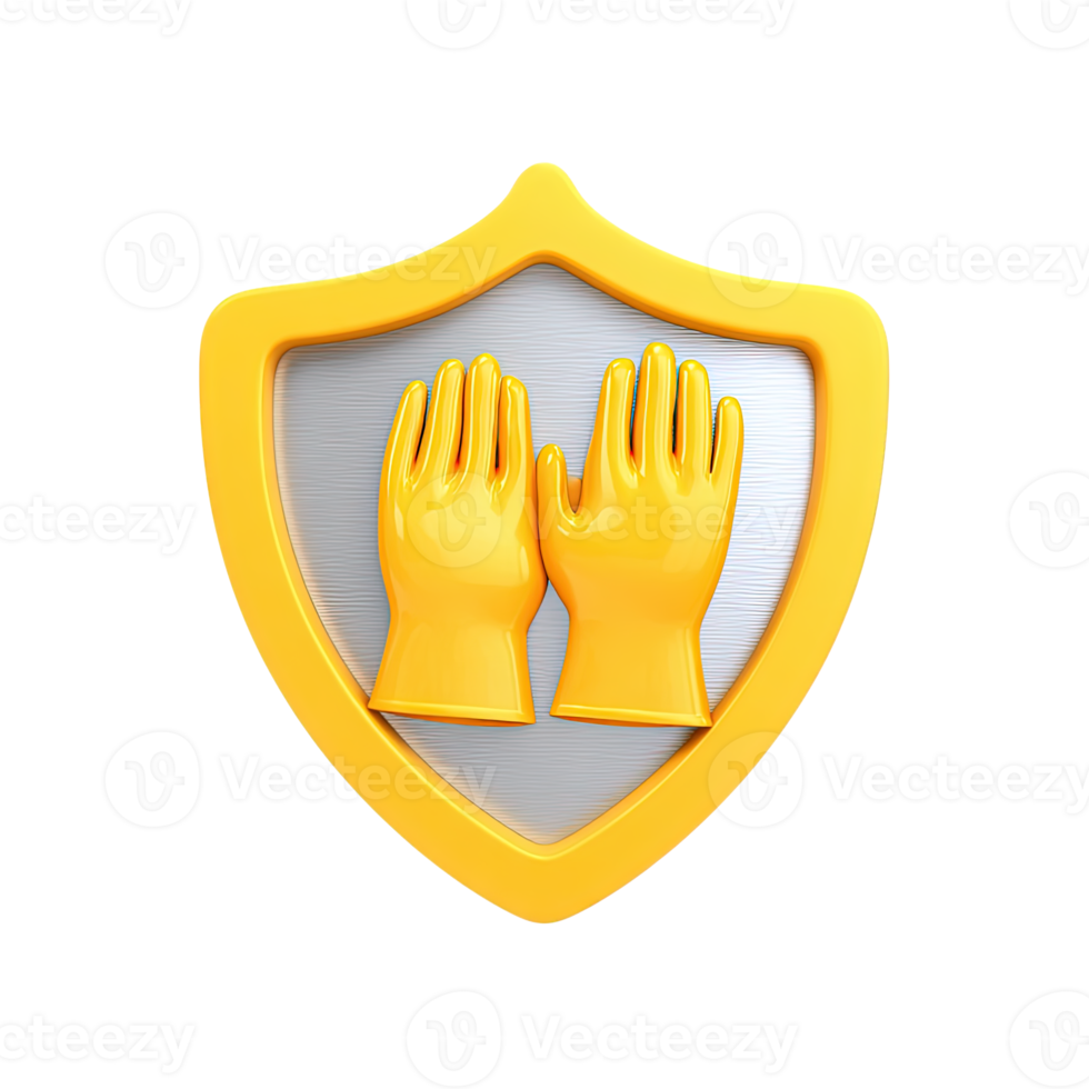 3D yellow shield with a pair of construction gloves, symbolizing hand protection and worker safety. Isolated rendered graphic for protective gear and safety equipment. png