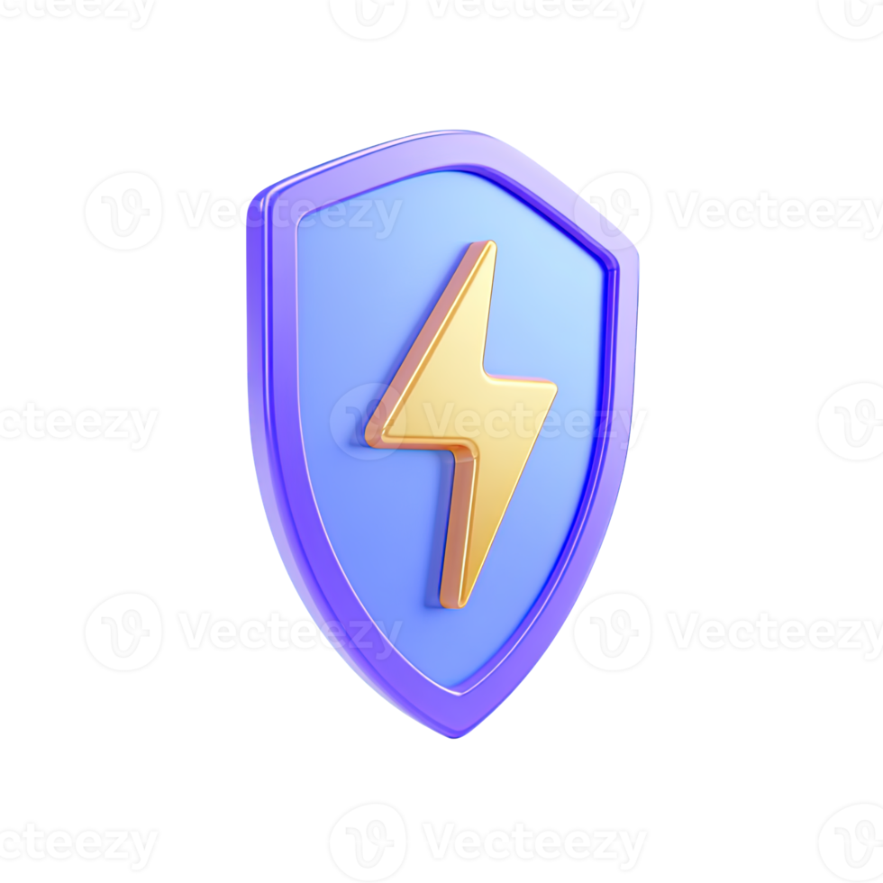 Purple 3D shield with a yellow lightning bolt, symbolizing an energy shield, power protection, or electrical safety. Isolated rendered graphic for secure energy concepts. png