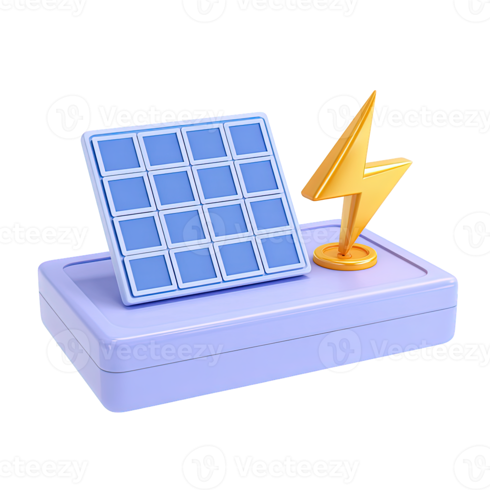3D solar panel on a base with an adjacent battery and lightning symbol, for solar energy systems. Isolated rendered graphic for renewable power and off grid storage. png