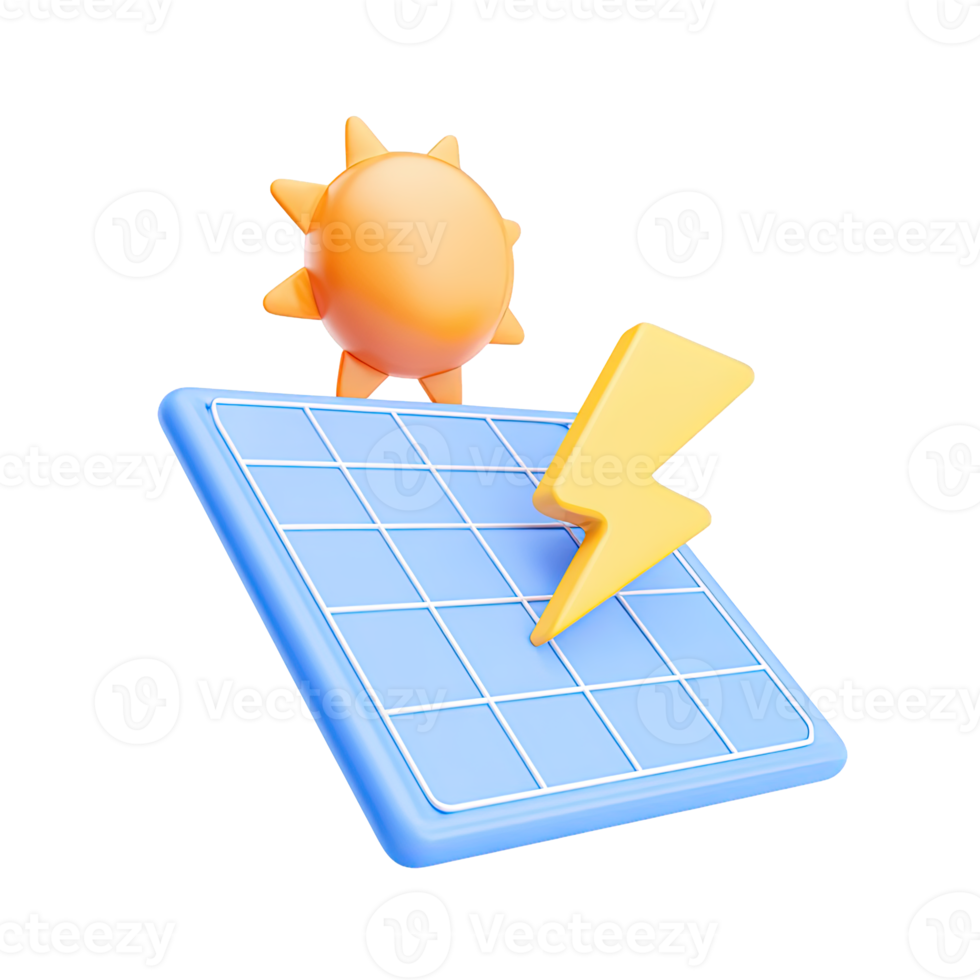 3D solar panel with a sun symbol and a lightning bolt, illustrating solar energy generation. Isolated rendered graphic for renewable power and electricity from the sun. png
