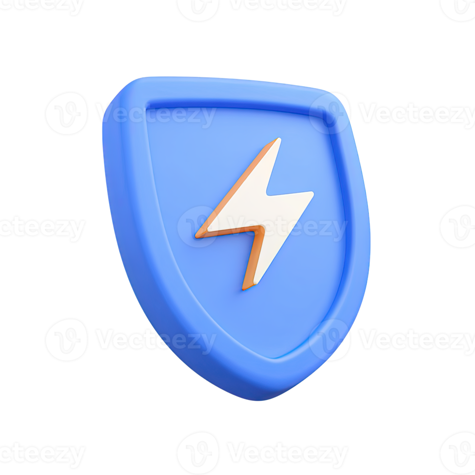 Blue 3D shield with a yellow lightning bolt, representing power protection, energy security, or electrical safety. Isolated rendered graphic for surge protection concepts. png