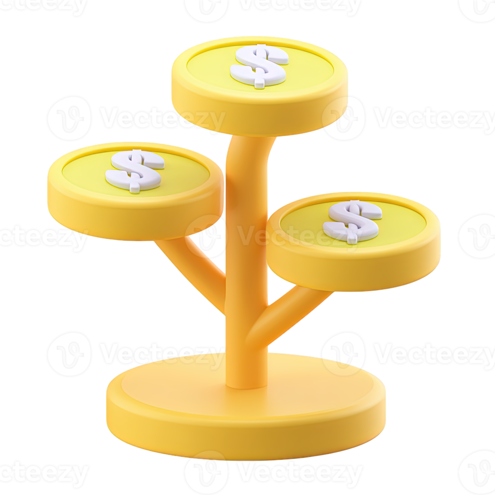 3D money tree with multiple tiers of gold dollar coins, symbolizing investment growth and financial prosperity. Isolated rendered graphic for wealth accumulation and tiered returns. png