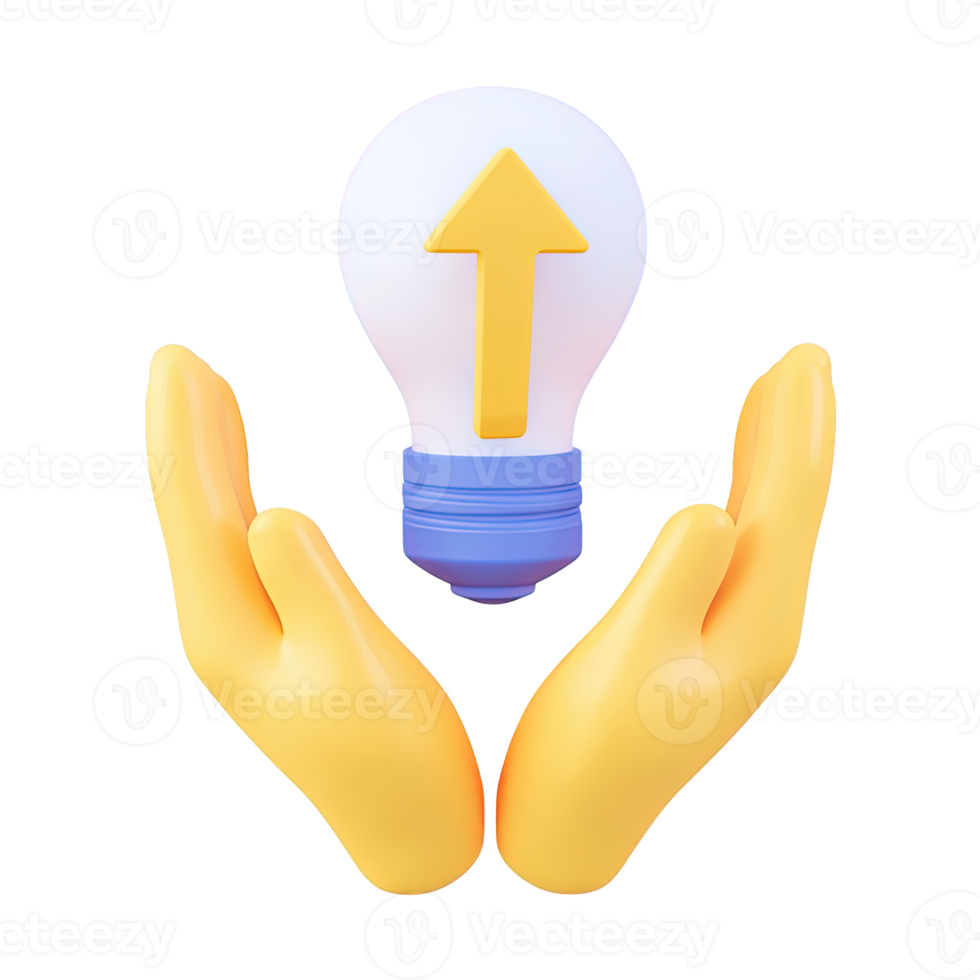 3D icon Yellow hands holding a lightbulb with a blue upward arrow cross, signifying a bright idea, positive concept, innovative solution, or new beginning. Isolated. png