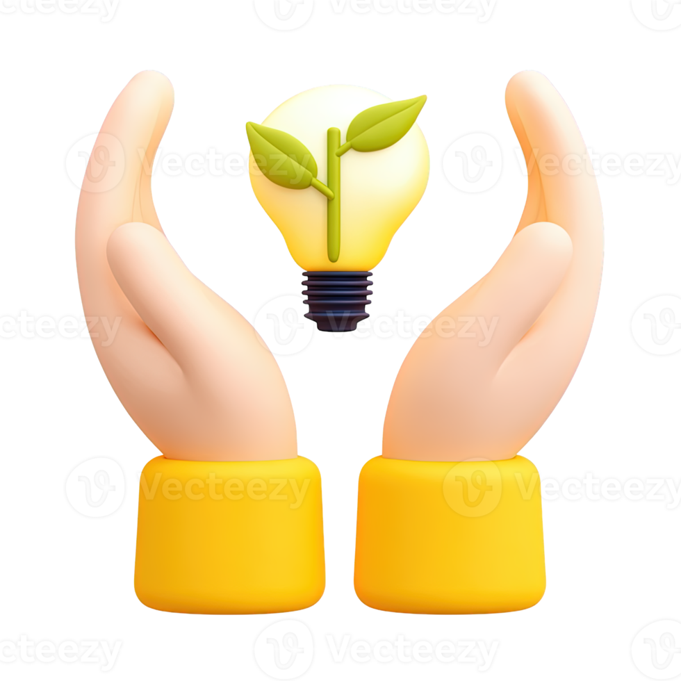 3D icon Yellow hands with blue sleeves holding a lightbulb with a green sprout, representing nurturing green ideas or supporting sustainable innovation. Isolated. png