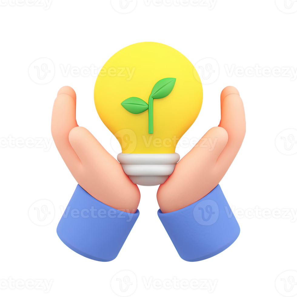 3D icon Blue sleeved hands holding a yellow lightbulb with a green sprout, symbolizing support for eco innovation or green idea development. Sustainable. Isolated. png