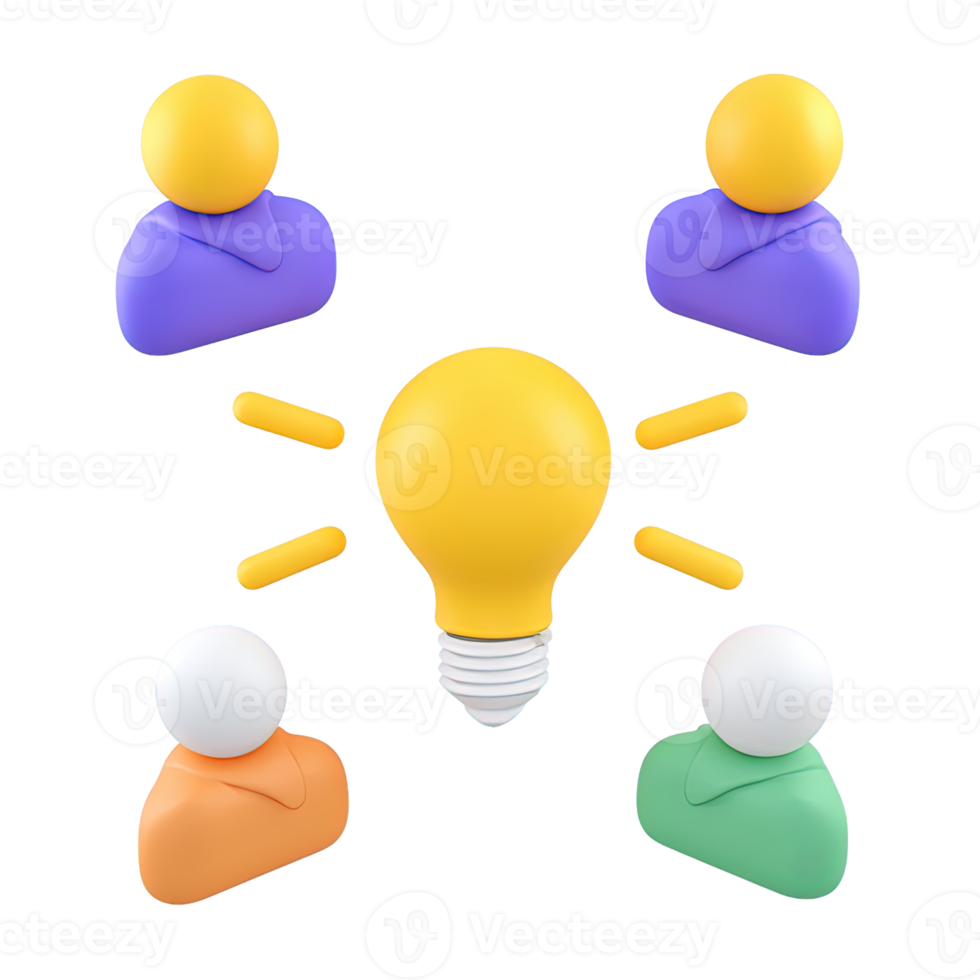 3D icon Bright yellow lightbulb surrounded by diverse abstract people icons, symbolizing brainstorming, teamwork, collective ideas, and collaborative innovation. Isolated. png