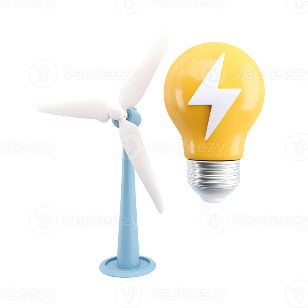 3D icon Wind turbine alongside a yellow lightbulb with a lightning bolt, symbolizing renewable energy, green power, sustainable electricity, and innovation. Isolated. png