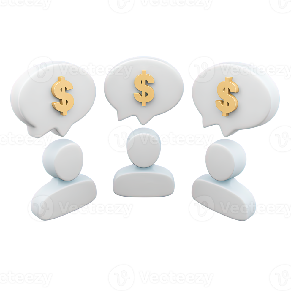 3D icon Three white abstract people icons with dollar sign speech bubbles, symbolizing financial discussions, investment talks, or business negotiations. Isolated. png