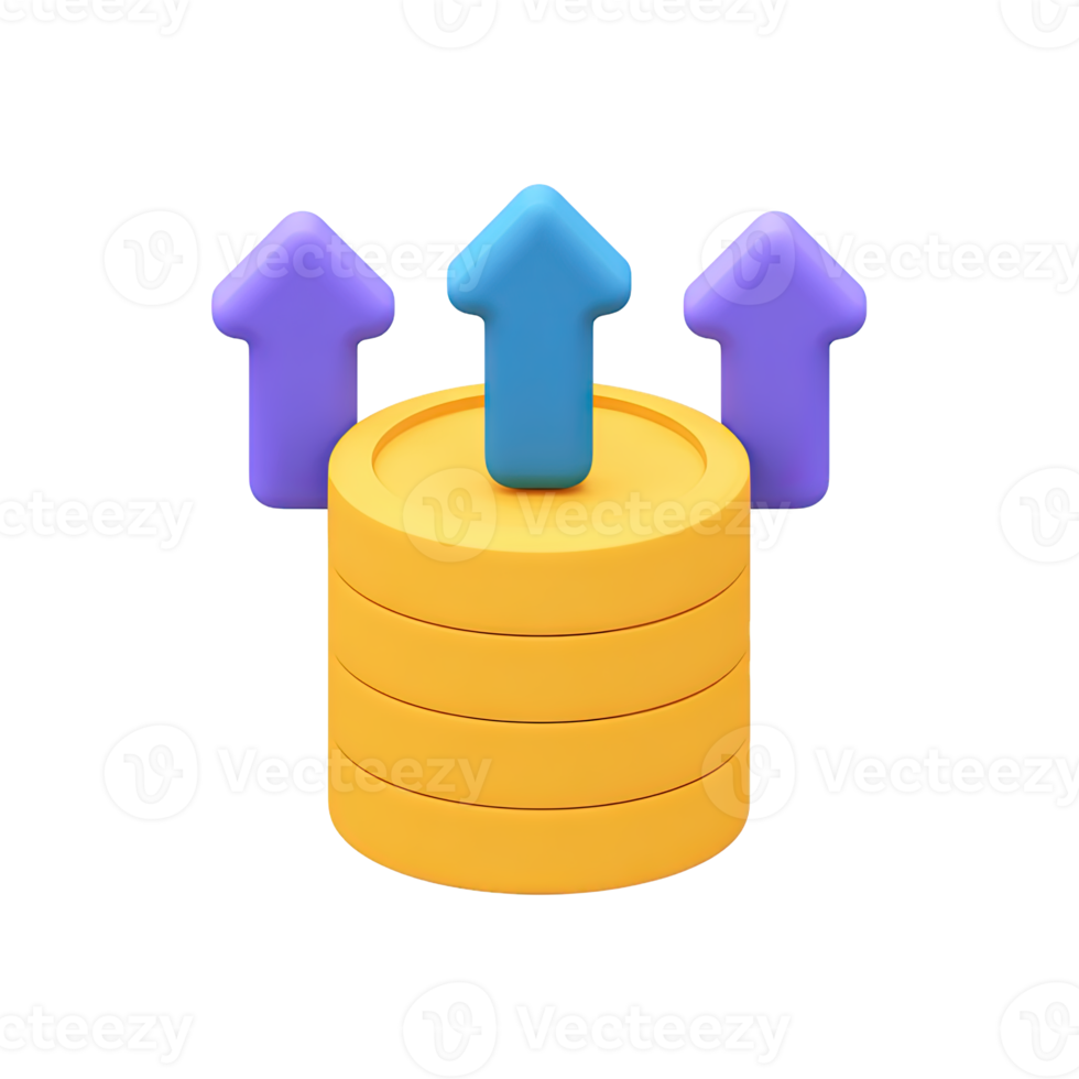 3D icon Stack of gold coins with three blue upward arrows, representing increased value, financial growth, rising profits, or successful investment. Isolated. png