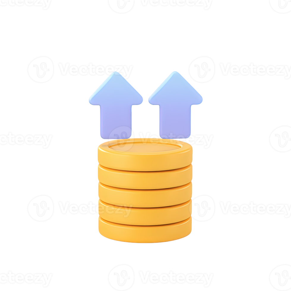 3D icon Stack of gold coins with two blue upward arrows, indicating value increase, financial growth, positive investment trend, or rising assets. Isolated. png