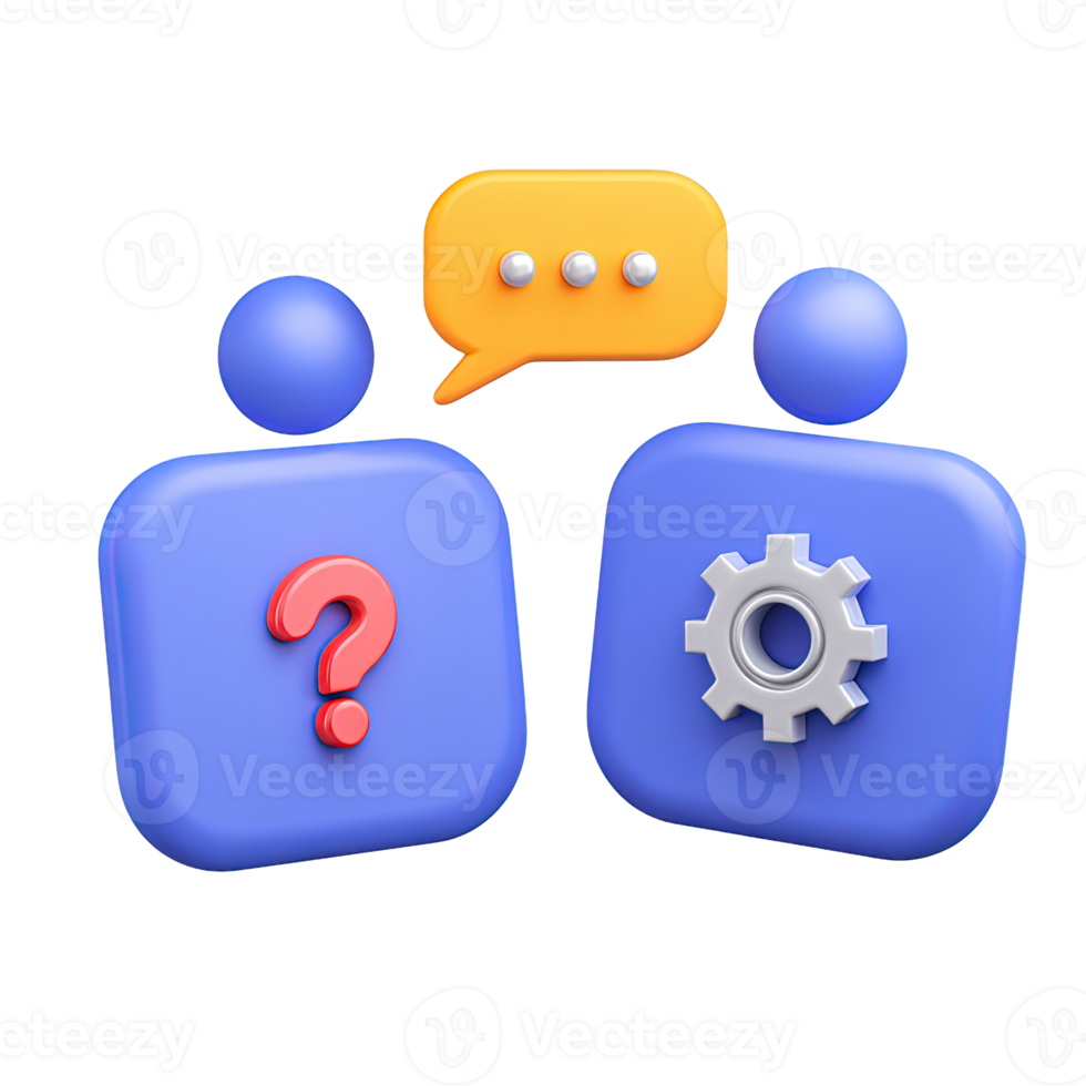 3D icon Two abstract people, one with a question mark, other with a gear, and speech bubbles, symbolizing QA, technical support, or problem solving. Isolated. png
