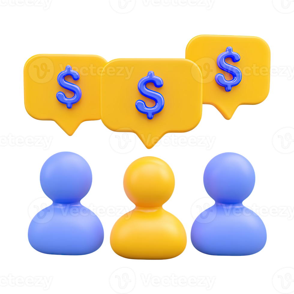 3D icon Group of abstract people with a central yellow figure, all having dollar speech bubbles, symbolizing financial leadership or key investment talk. Isolated. png