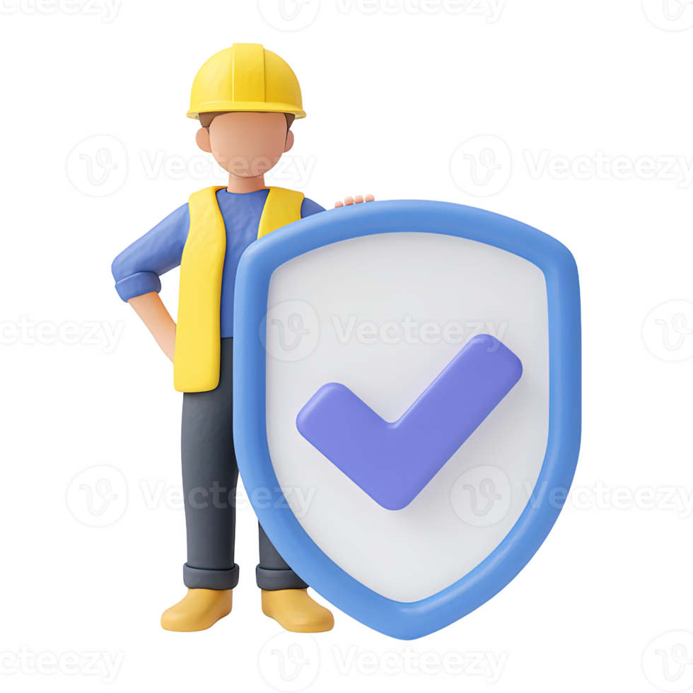 3D icon Worker in a hard hat standing confidently behind a large shield with a checkmark, symbolizing worker protection, safety approval, or secure job. Isolated. png