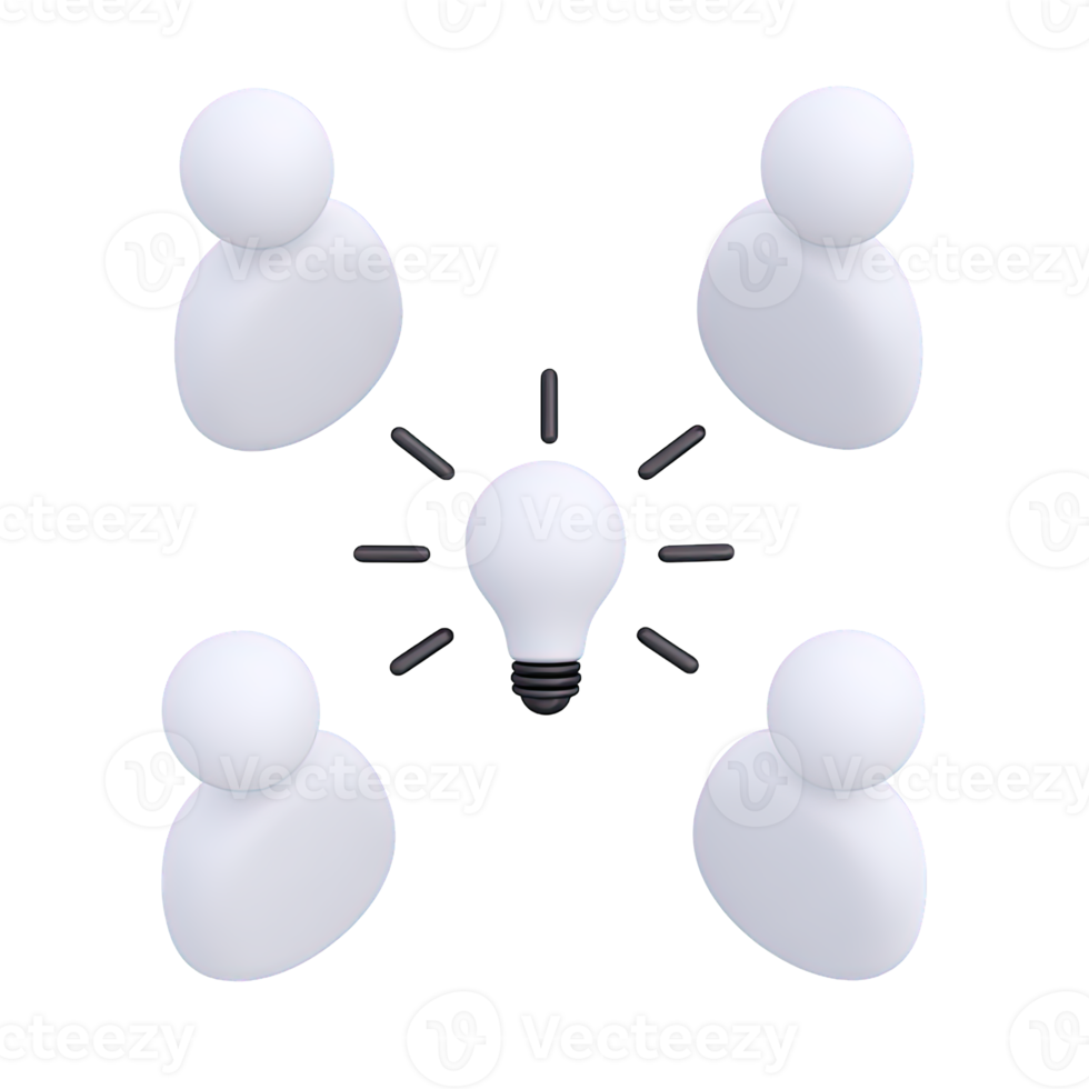 3D icon Yellow lightbulb at the center of a network of white abstract people icons, representing networked ideas, shared innovation, or collective intelligence. Isolated. png