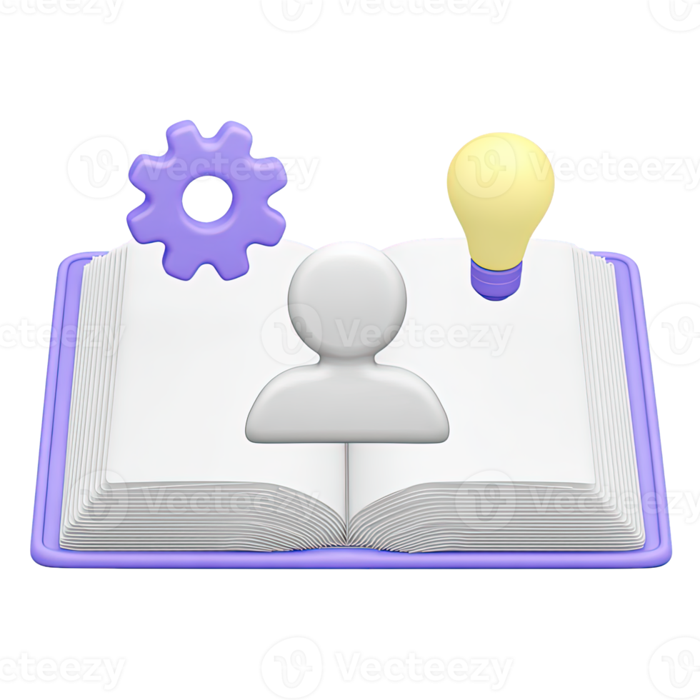 3D icon Open book displaying a person icon, gear, and lightbulb, symbolizing learning, knowledge acquisition, innovative ideas, and educational process. Isolated. png