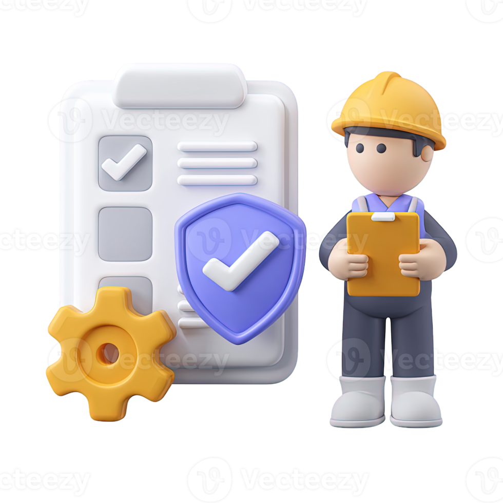 3D icon Worker in hard hat with clipboard, gear, and shield with checkmark, representing safety compliance, secure industrial operations, or validated work. Isolated. png