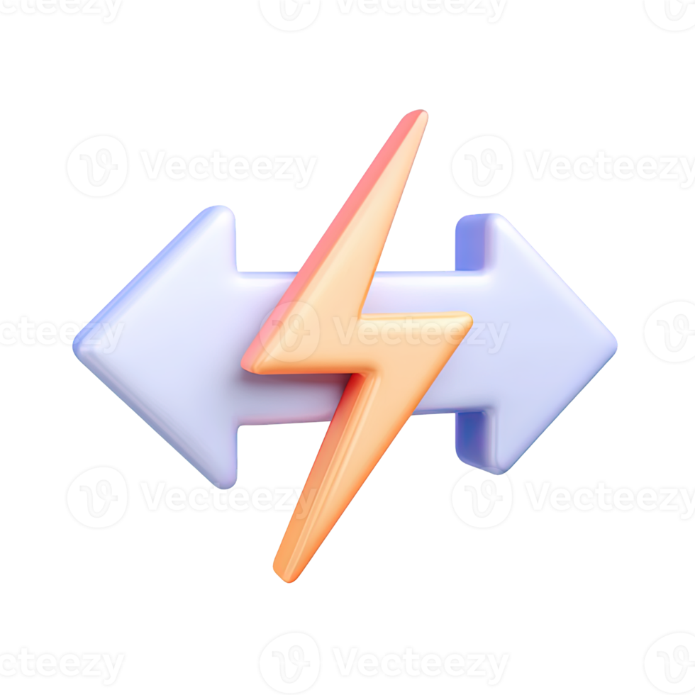 3D icon Two opposing horizontal arrows blue and white with a lightning bolt between them, symbolizing energy transfer, power exchange, or dynamic conflict. Isolated. png