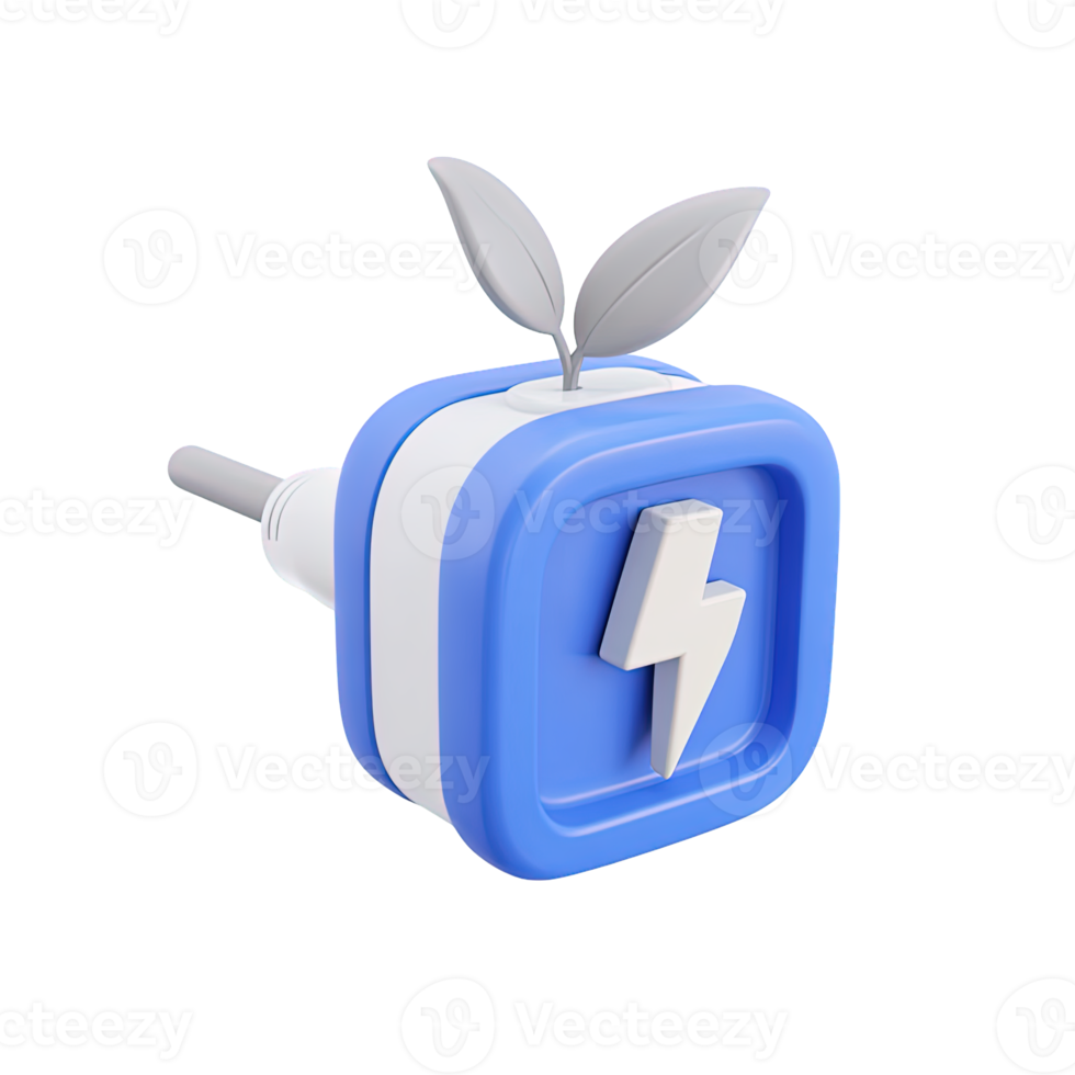 3D icon Blue electrical plug adorned with green leaves and a lightning bolt, symbolizing green energy, eco friendly power, and sustainable electricity. Isolated. png