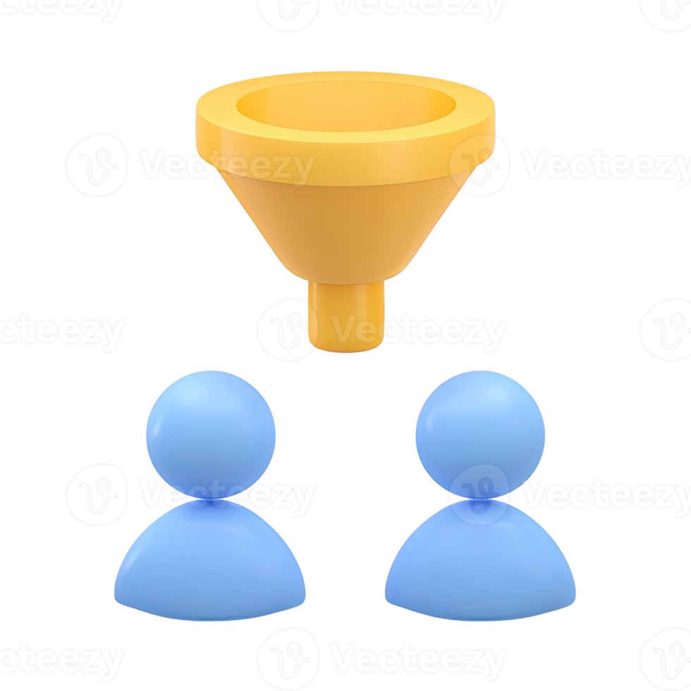3D icon Yellow funnel with two blue abstract people icons below, representing lead generation, sales funnel process, customer acquisition, or data filtering. Isolated. png