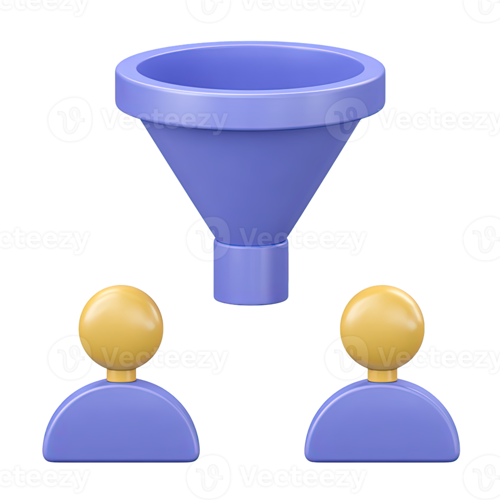 3D icon Blue funnel with three yellow abstract people icons positioned below, symbolizing a marketing funnel, candidate selection, or data segmentation process. Isolated. png