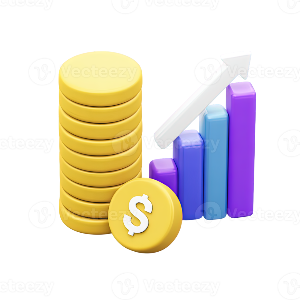 3D icon Stacked gold coins, dollar coin, and bar chart with upward arrow, symbolizing financial growth, investment success, and increased savings. Isolated. png