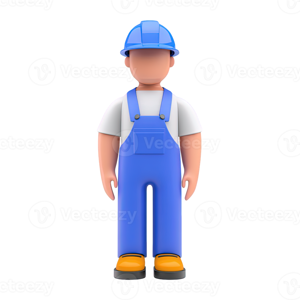 3D icon Male worker character in blue overalls and a blue hard hat, representing a construction worker, laborer, or industrial employee. Professional. Isolated. png