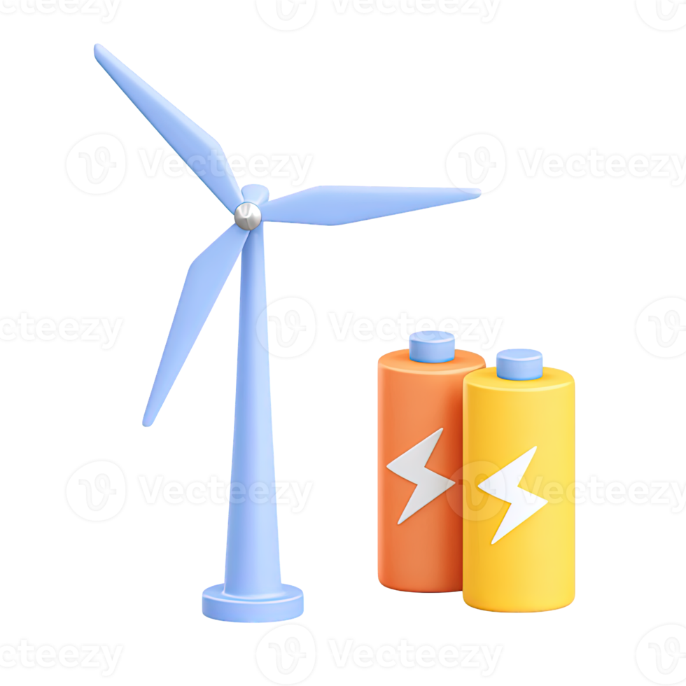 3D icon Wind turbine with two batteries featuring lightning bolts, representing renewable energy storage, green power solutions, and sustainable energy. Isolated. png