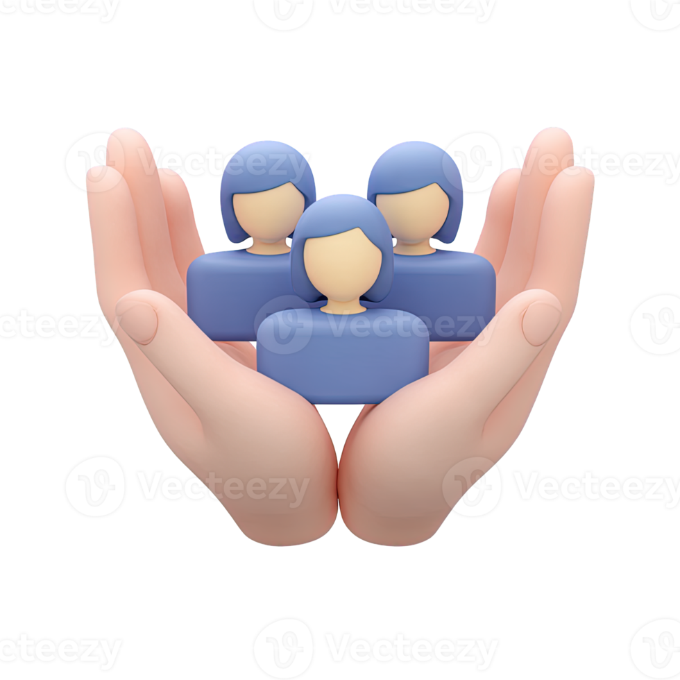 3D icon Hands holding a circular arrangement of blue abstract people icons, symbolizing team unity, community circle, or collaborative group support. Isolated. png