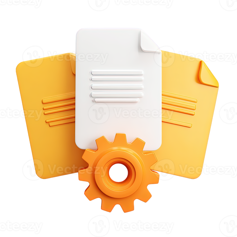 3D icon Orange gear interacting with stacked orange paper documents, symbolizing document processing, workflow automation, or an efficient file management system. Isolated. png
