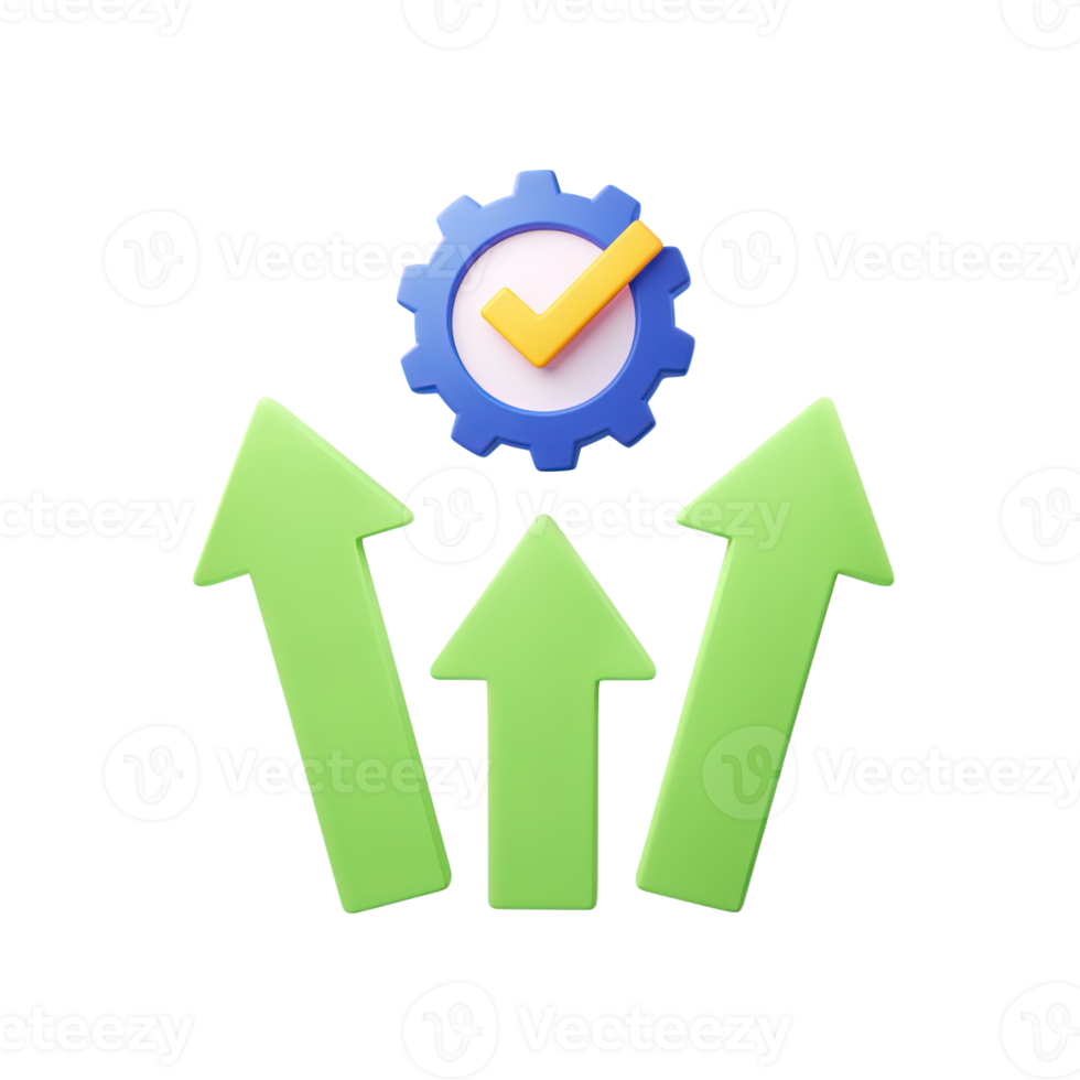 3D icon Blue gear with a checkmark and three green upward arrows, representing system optimization, approved growth, or an efficient, improving process. Isolated. png