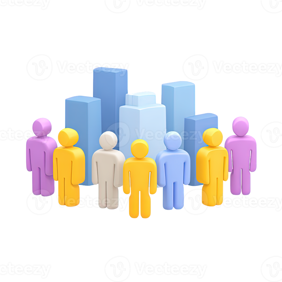 3D icon Diverse group of abstract people figures standing before city like blocks, symbolizing urban community, diverse population, or societal structure. Isolated. png