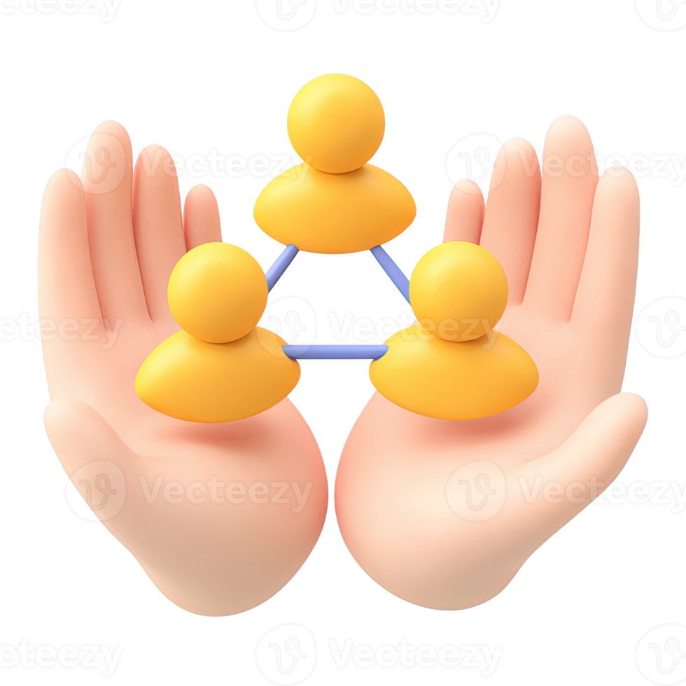 3D icon Hands gently holding a networked structure of yellow abstract people icons, representing network support, community connections, or organizational care. Isolated. png
