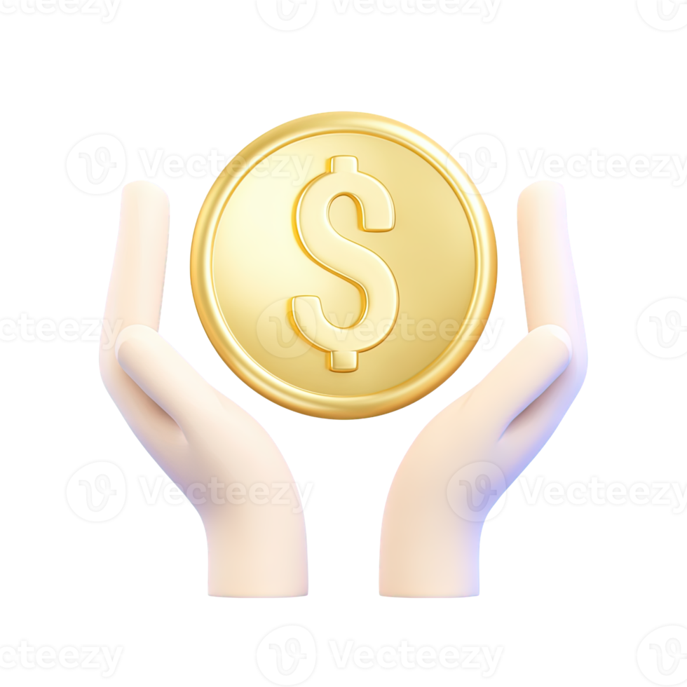 3D icon Hands carefully cupped, holding a large gold coin with a dollar sign, symbolizing wealth protection, financial security, or valuable investment. Isolated. png