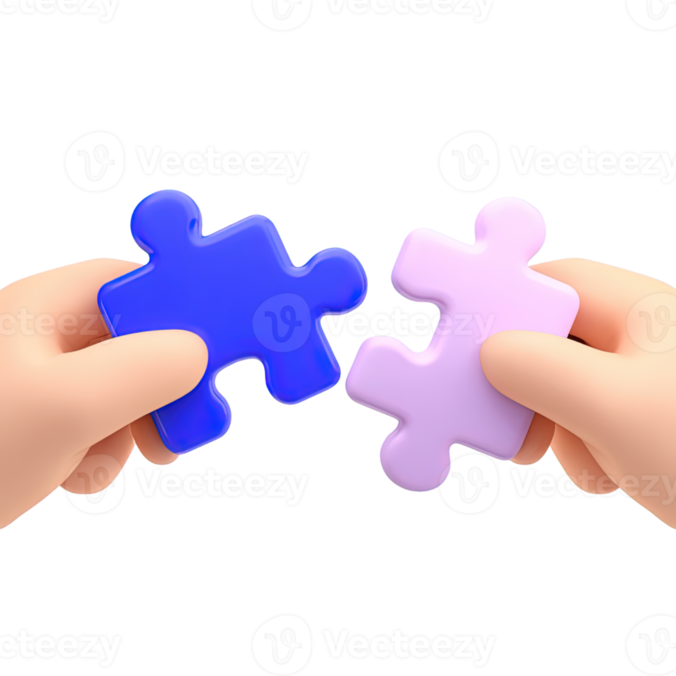 3D icon Two hands holding connecting blue and pink puzzle pieces, symbolizing problem solving, teamwork, partnership, connection, or finding a solution. Isolated. png