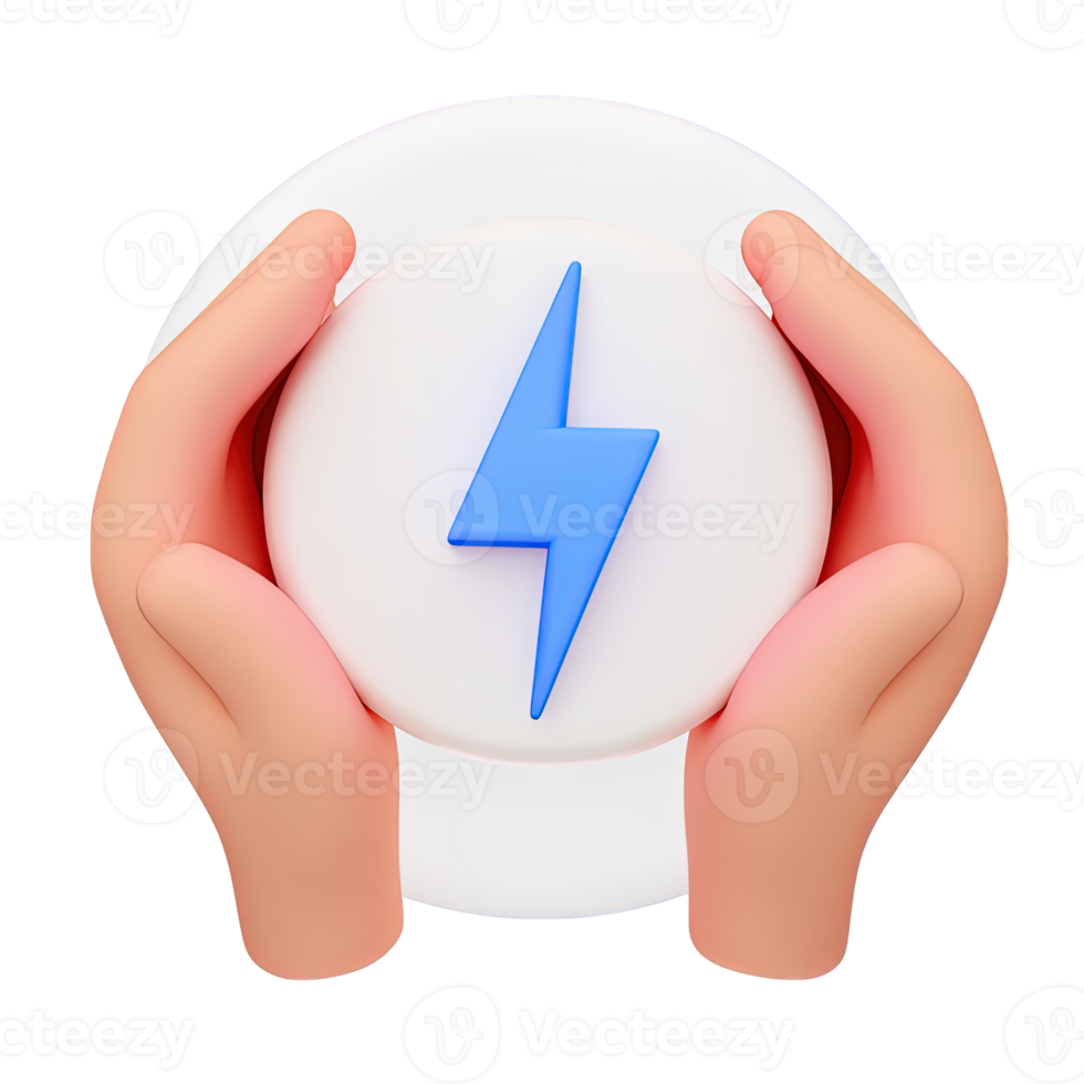 3D icon Hands gently holding a white circle with a blue lightning bolt, representing presenting clean energy, an innovative power solution, or technology. Isolated. png