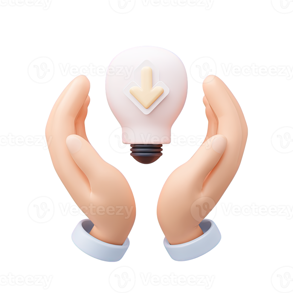3D icon Hands holding a lightbulb with a downward arrow, symbolizing a dimming idea, power down, reduced innovation, or an energy saving concept. Isolated. png