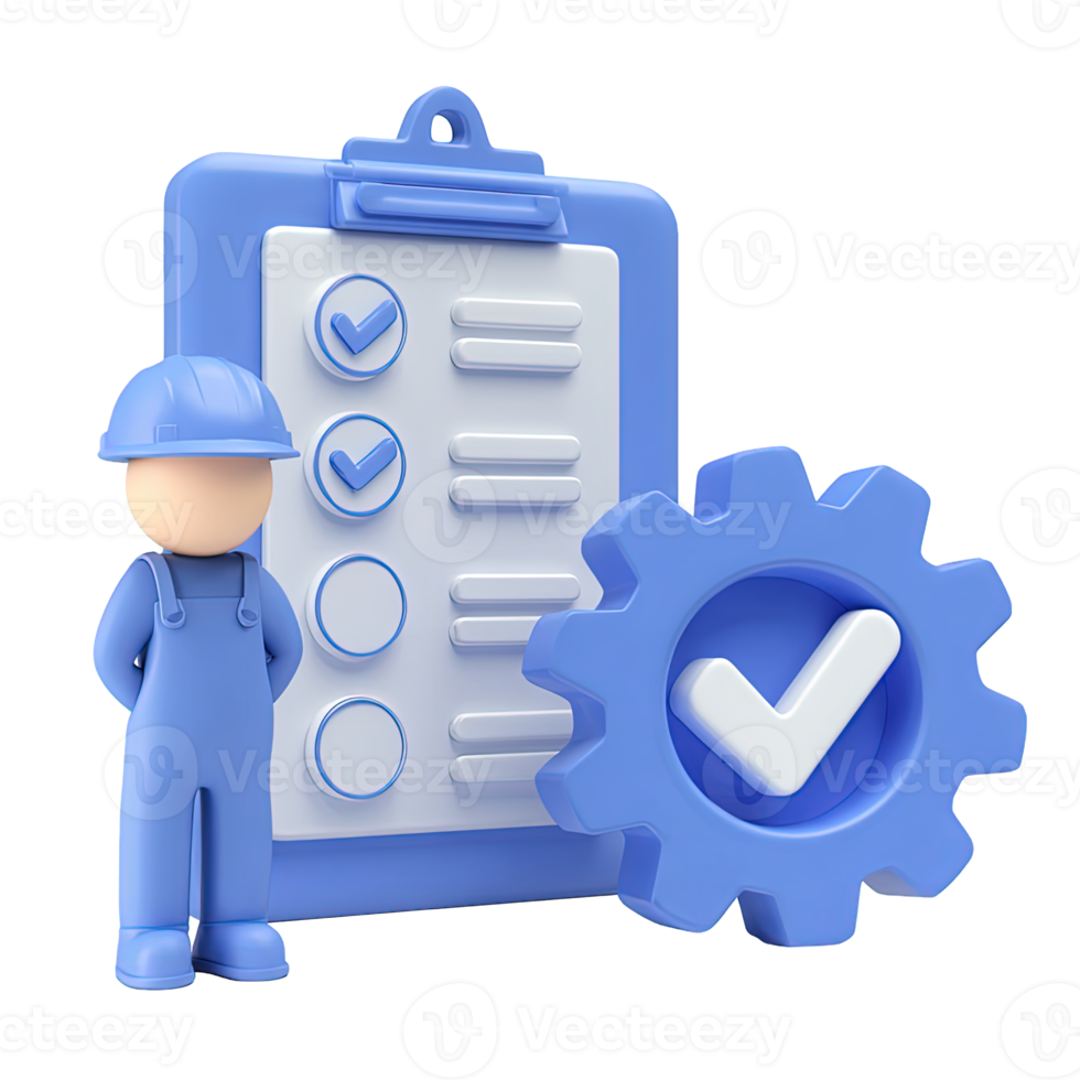 3D icon Worker with clipboard checklist, and a large gear with a checkmark, symbolizing quality control, approved task completion, or system validation. Isolated. png