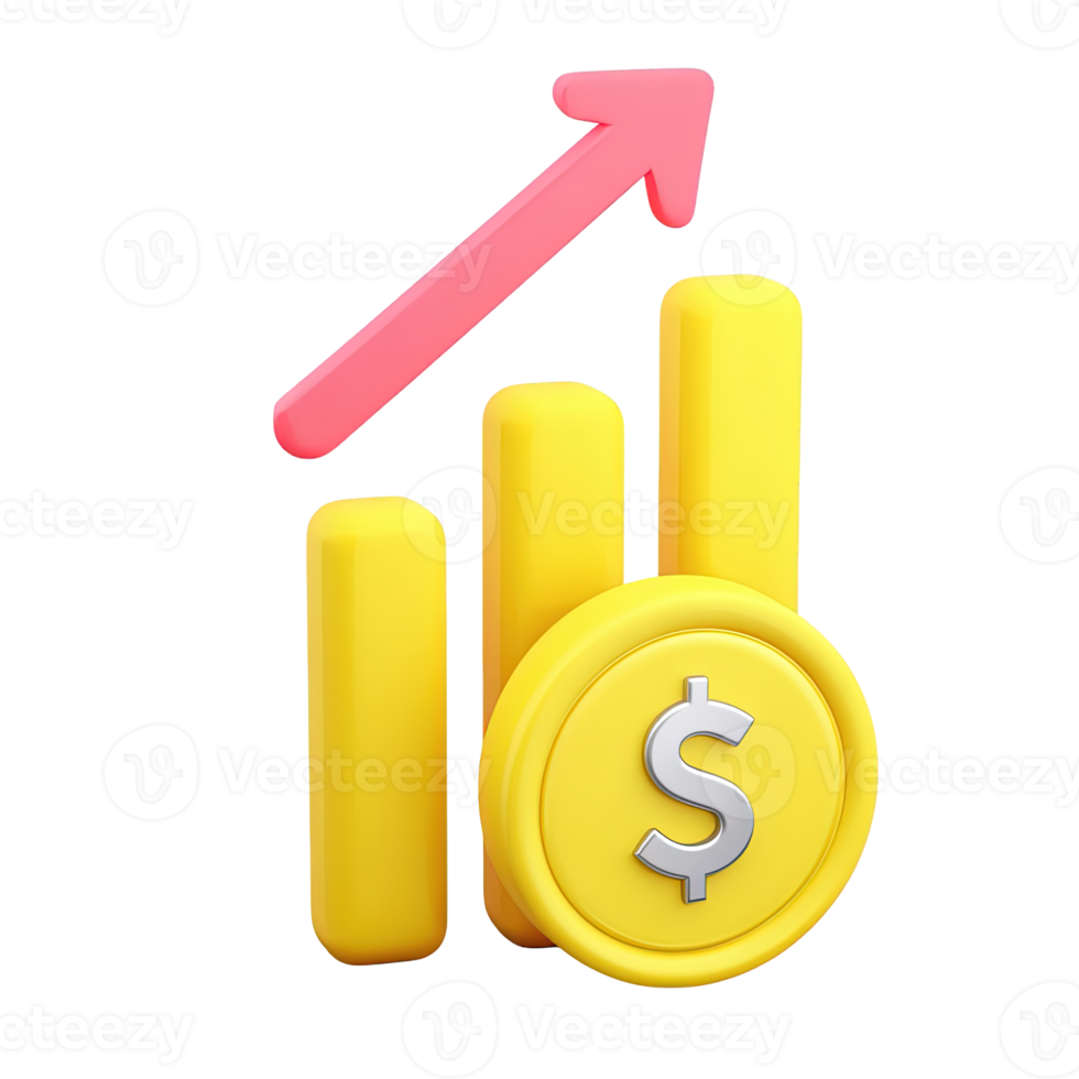 Dynamic 3D bar chart with upward arrow dollar coin and money bag illustrating financial growth Isolated rendered graphic for successful investments and wealth building concepts png