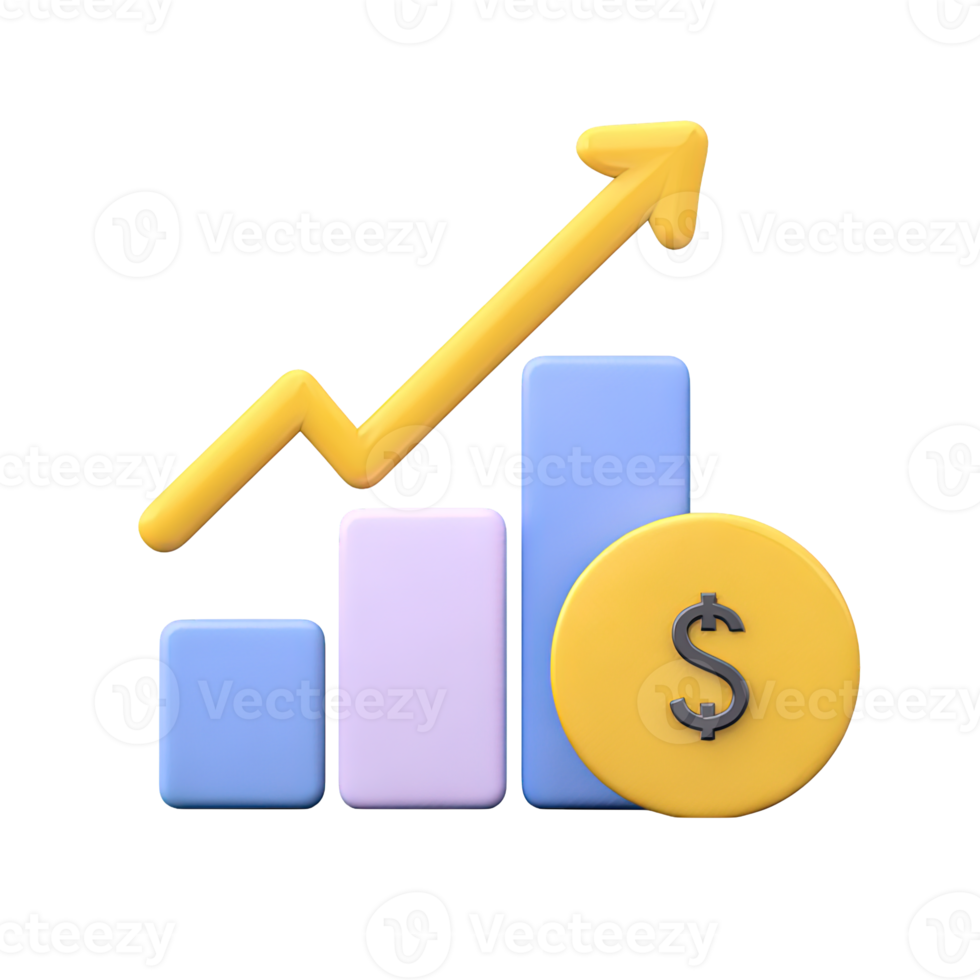 3D bar chart with upward yellow arrow dollar coin and money bag symbolizing financial growth and savings Isolated rendered graphic for profitable investments and wealth accumulation png