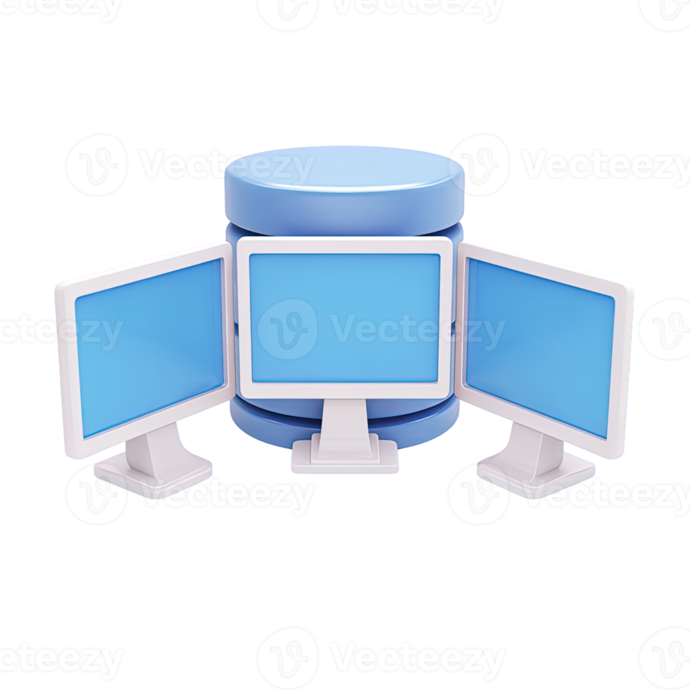 3D icon three computer monitors around server database stack for data center network hosting Isolated rendered graphic for IT infrastructure and information tech png