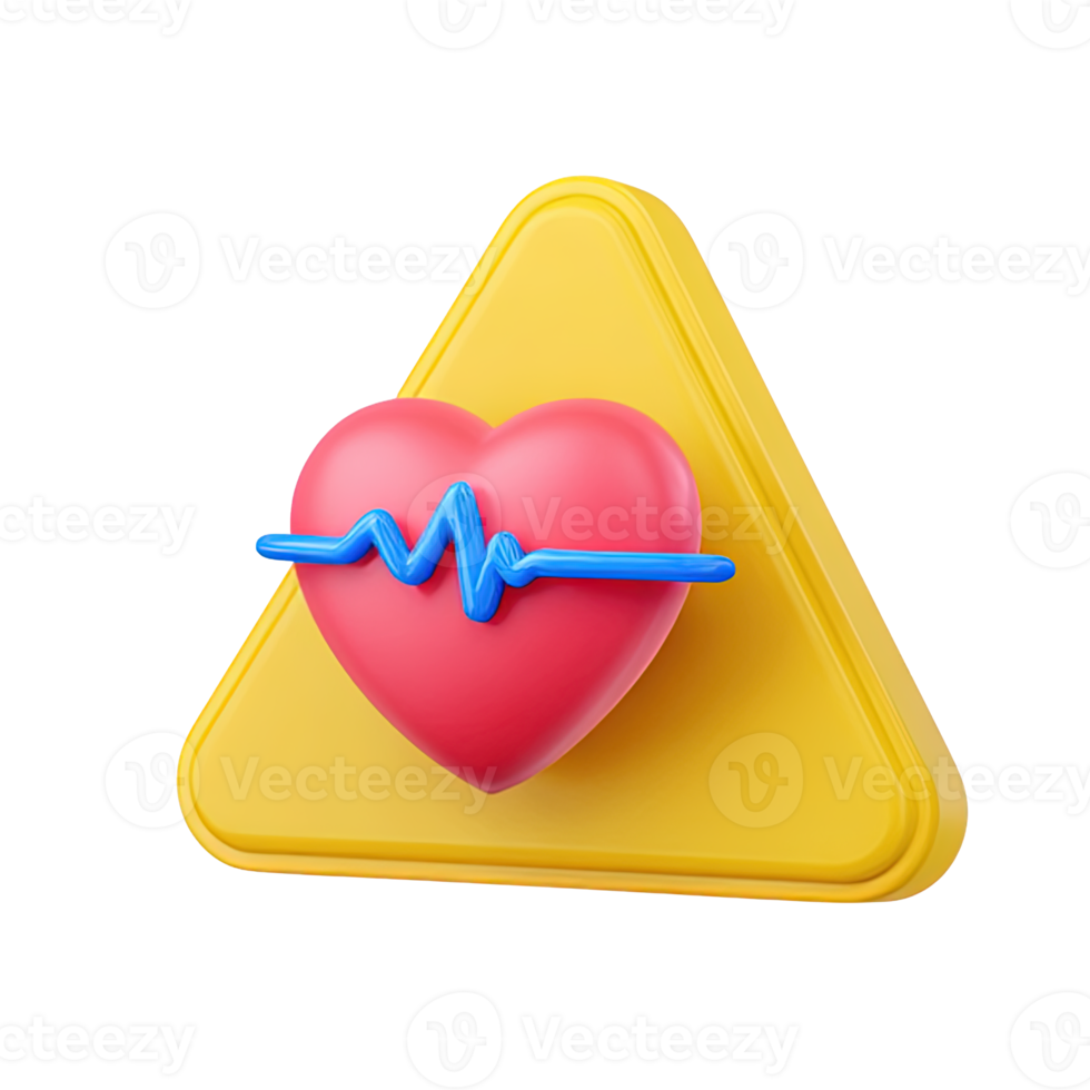 Red 3D heart with cardiogram on a yellow warning triangle symbolizing health risk or medical alert Isolated rendered graphic for emergency cardiac care and healthcare safety concepts png