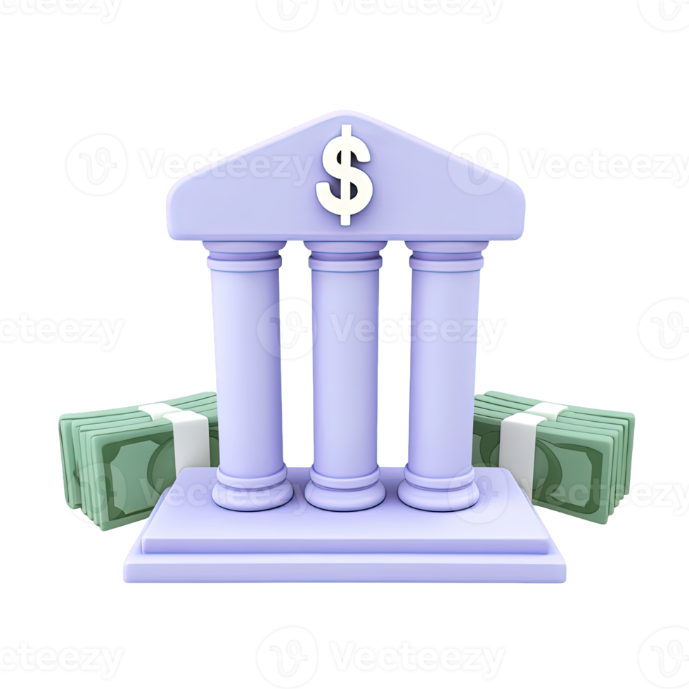 Classic 3D bank building icon with columns and green money bills representing finance savings or investment Isolated rendered graphic for wealth management and economic concepts png