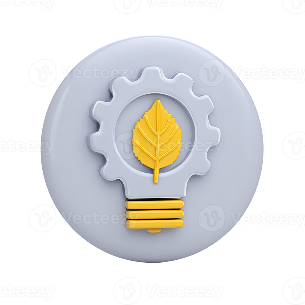 3D lightbulb with green leaf framed by gear for innovation in sustainable tech and eco-friendly process Isolated rendered graphic for green energy solution png