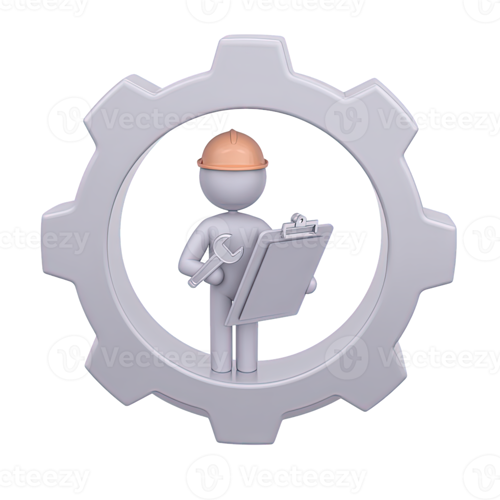 3D worker with hard hat clipboard in gear for industrial process construction engineering safety Isolated rendered graphic for project management inspection png